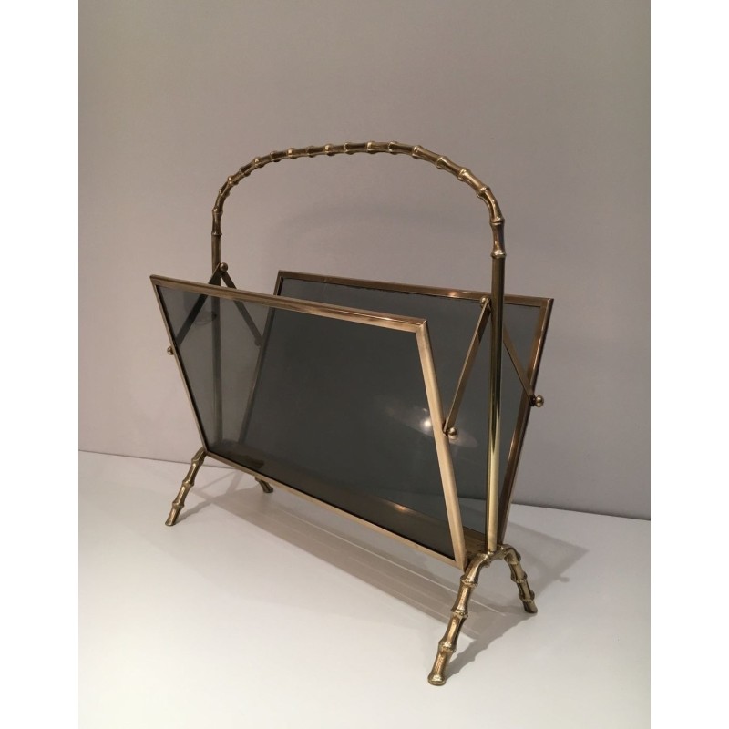 Magazine Rack in Brass Faux-Bamboo with Tinted Glass Panels, Maison Baguès, French, circa 1940