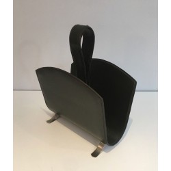 Magazine Rack in Green Leather and Brushed Steel, French, circa 1950