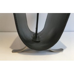 Magazine Rack in Green Leather and Brushed Steel, French, circa 1950