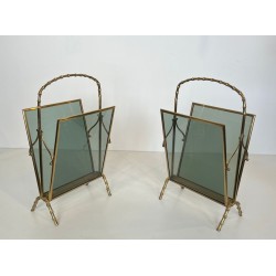 Pair of Faux-Bamboo Bronze Magazine Racks with Blue Glass, Maison Baguès, French, circa 1940