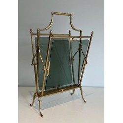 Neoclassical Brass and Blue Glass Magazine Rack, Maison Jansen, French, circa 1940