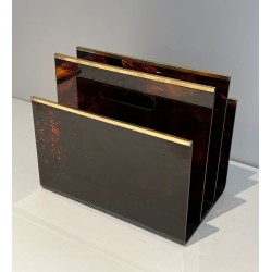 Faux Tortoiseshell Plexiglass and Brass Magazine Rack, French, circa 1970