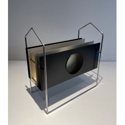 Chrome and Lacquered Metal Magazine Rack, Mid-Century Modern, French, circa 1965