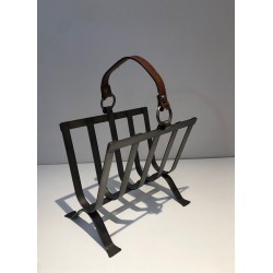 Steel and Leather Magazine Rack, in the Style of Jacques Adnet, French, circa 1950