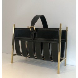 Handbag-Form Brass and Leather Magazine Rack by Jacques Adnet, Art Déco, circa 1940