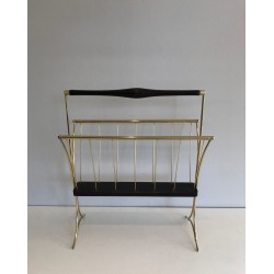 Blackened Wood and Brass Magazine Rack, Italian, Mid-Century Modern, circa 1950