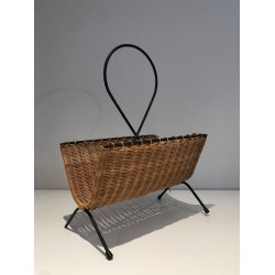 Rattan and Black Lacquered Metal Magazine Rack, French, Mid-Century Modern, circa 1950