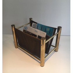 Gilt Metal and Fabric Magazine Rack, French Decorative Arts, circa 1970
