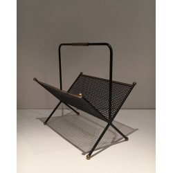 Black Lacquered Perforated Metal and Brass Magazine Rack, French, Mid-Century Modern, circa 1950