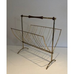 Brass & Wood Folding Magazine Rack, Cesare Lacca Style, Italian, circa 1960