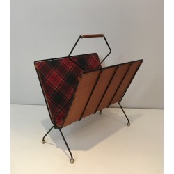 Black Lacquered Metal, Leather & Checked Fabric Magazine Rack, French, circa 1950