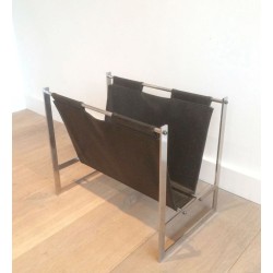 Brushed Steel & Leather Magazine Rack, in the Style of Poul Kjærholm, Danish, circa 1970