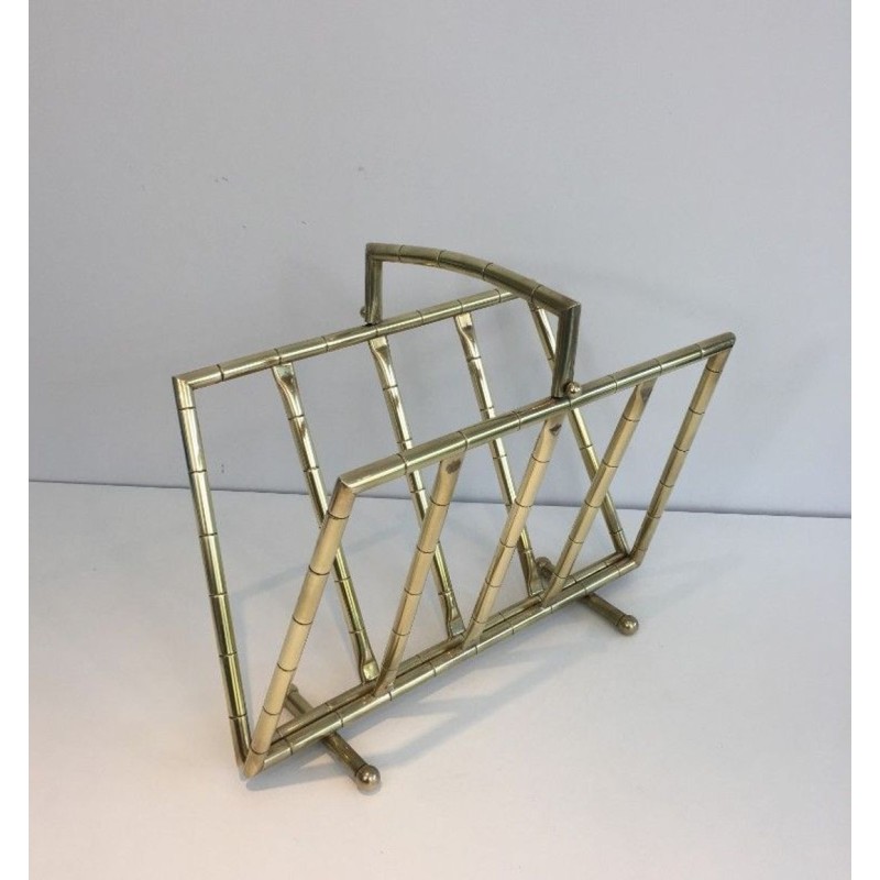 Faux-Bamboo Brass Magazine Rack, French, circa 1970