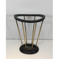 Ebonised Wood & Brass Umbrella Stand, Attributed to Jacques Adnet, French, circa 1950