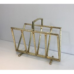 Faux-Bamboo Brass Magazine Rack, French, circa 1970