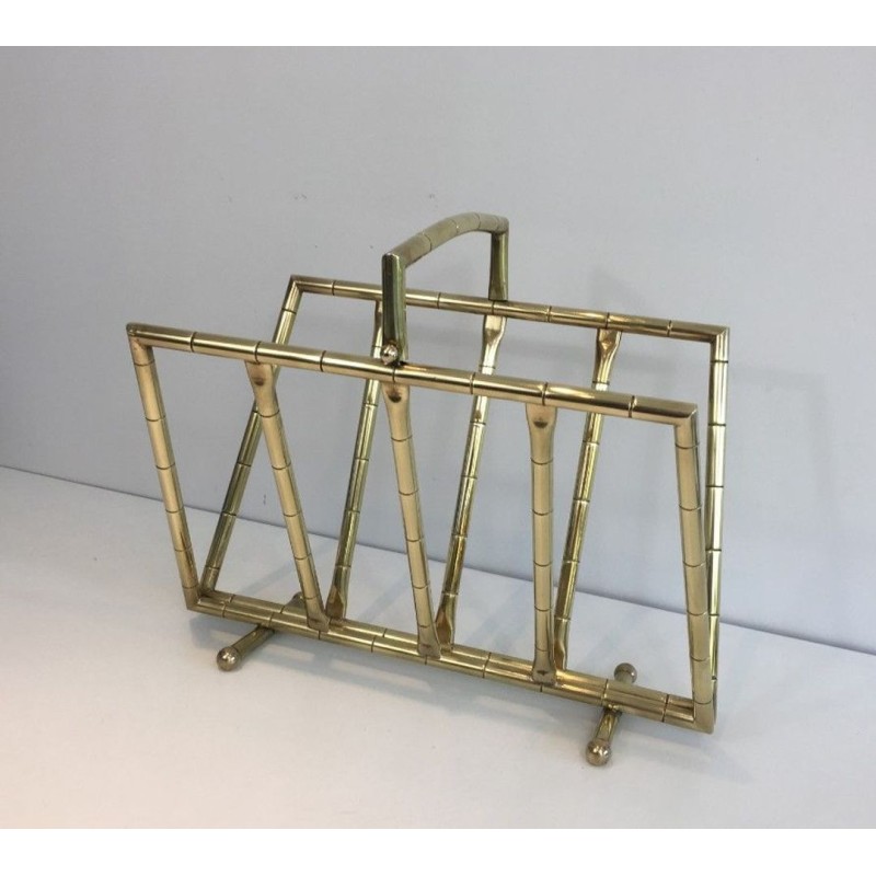 Faux-Bamboo Brass Magazine Rack, French, circa 1970