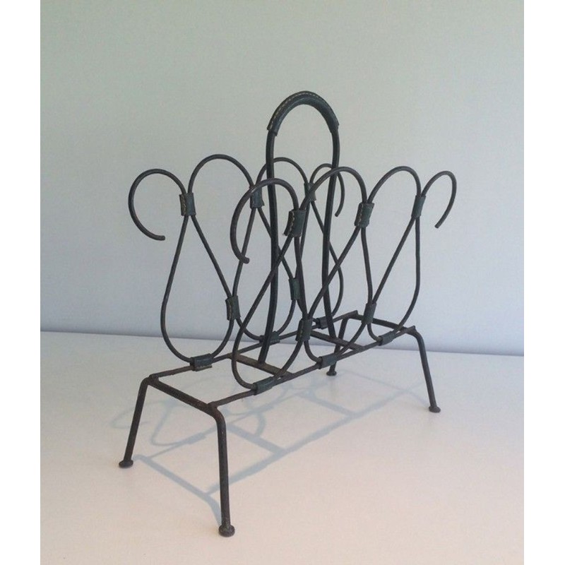 Black Lacquered Metal & Leather Magazine Rack, Attributed to Jacques Adnet, French, circa 1950