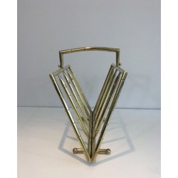 Faux-Bamboo Brass Magazine Rack, French, circa 1970