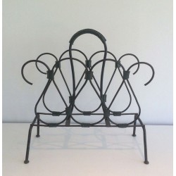 Black Lacquered Metal & Leather Magazine Rack, Attributed to Jacques Adnet, French, circa 1950