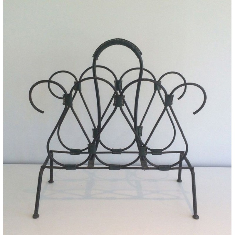 Black Lacquered Metal & Leather Magazine Rack, Attributed to Jacques Adnet, French, circa 1950