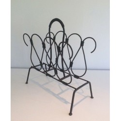 Black Lacquered Metal & Leather Magazine Rack, Attributed to Jacques Adnet, French, circa 1950