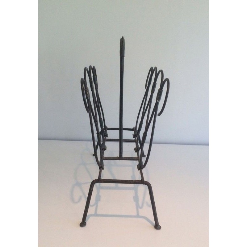 Black Lacquered Metal & Leather Magazine Rack, Attributed to Jacques Adnet, French, circa 1950