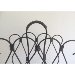 Black Lacquered Metal & Leather Magazine Rack, Attributed to Jacques Adnet, French, circa 1950