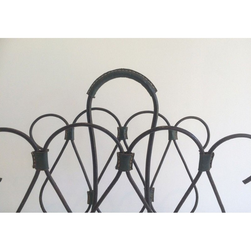 Black Lacquered Metal & Leather Magazine Rack, Attributed to Jacques Adnet, French, circa 1950