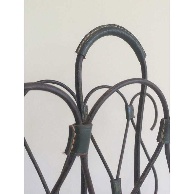 Black Lacquered Metal & Leather Magazine Rack, Attributed to Jacques Adnet, French, circa 1950