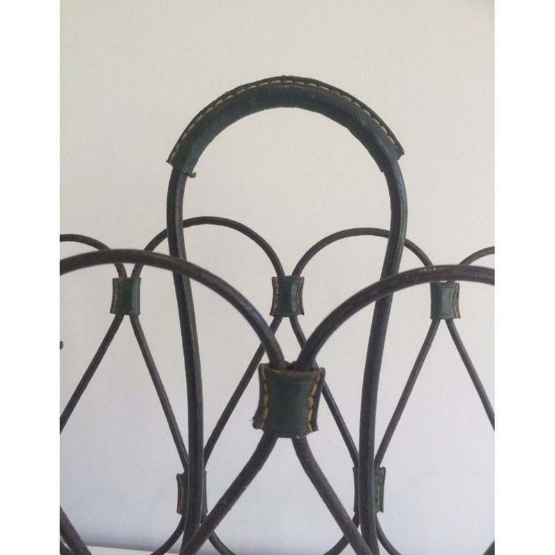 Black Lacquered Metal & Leather Magazine Rack, Attributed to Jacques Adnet, French, circa 1950