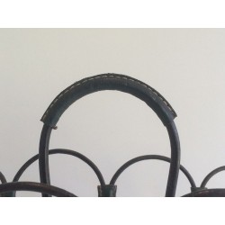 Black Lacquered Metal & Leather Magazine Rack, Attributed to Jacques Adnet, French, circa 1950