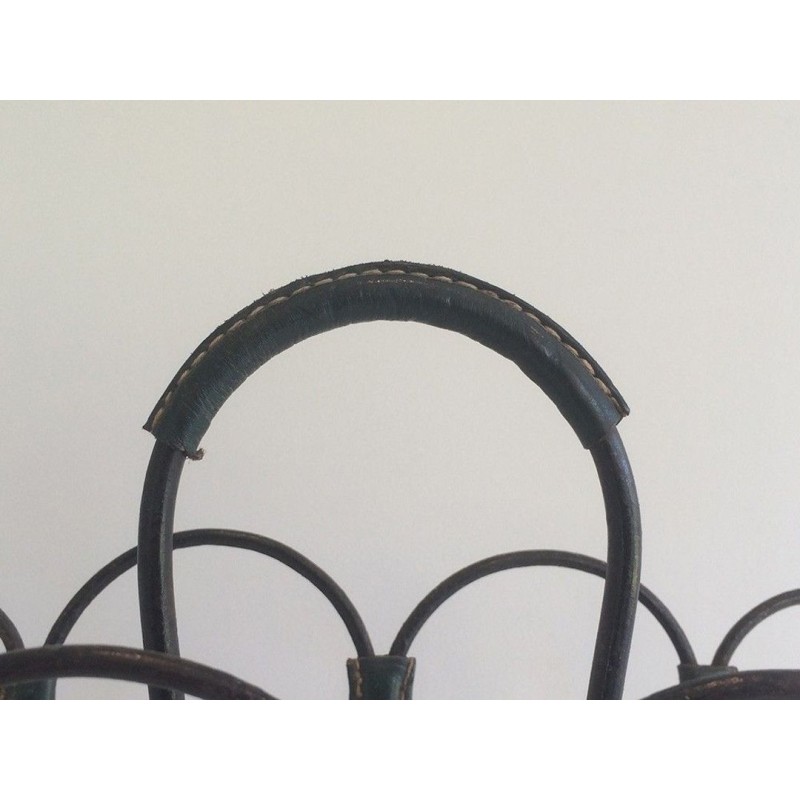Black Lacquered Metal & Leather Magazine Rack, Attributed to Jacques Adnet, French, circa 1950