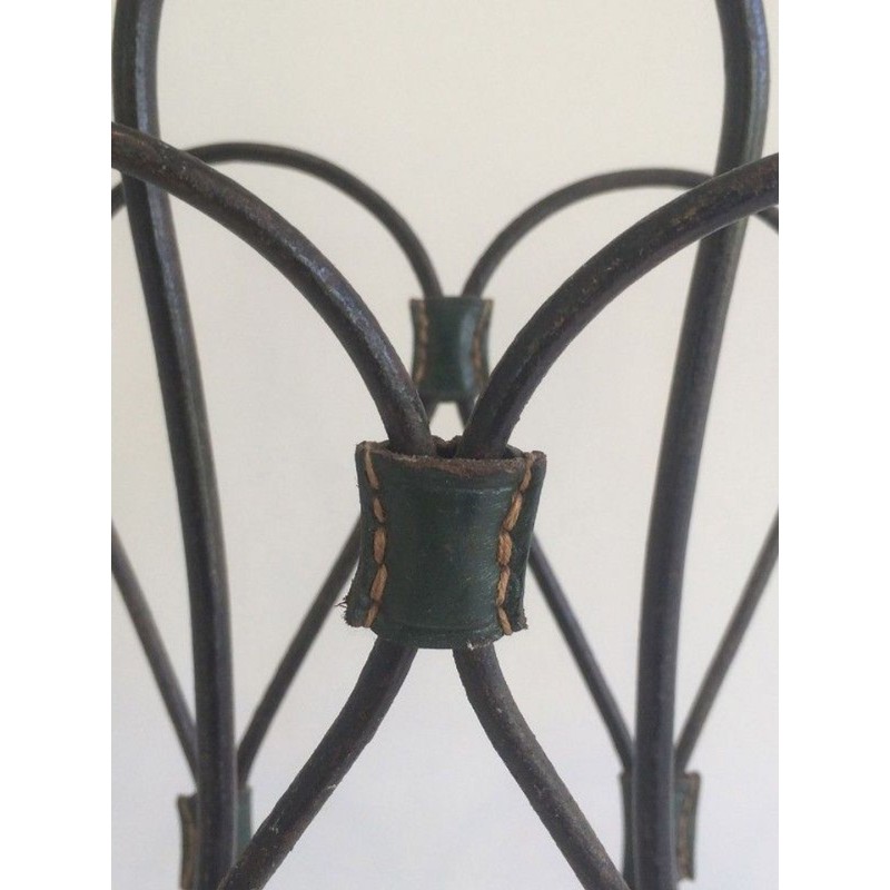 Black Lacquered Metal & Leather Magazine Rack, Attributed to Jacques Adnet, French, circa 1950