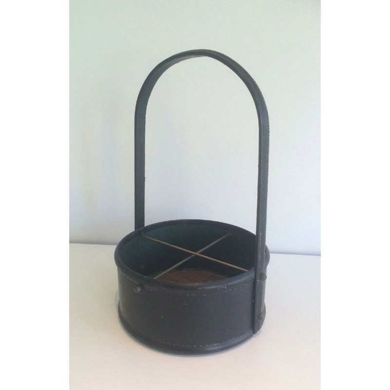 Leather & Wood Bottle Holder, in the Style of Jacques Adnet, French, circa 1950