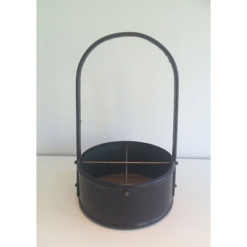 Leather & Wood Bottle Holder, in the Style of Jacques Adnet, French, circa 1950
