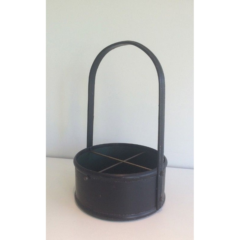 Leather & Wood Bottle Holder, in the Style of Jacques Adnet, French, circa 1950