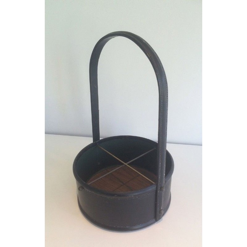 Leather & Wood Bottle Holder, in the Style of Jacques Adnet, French, circa 1950