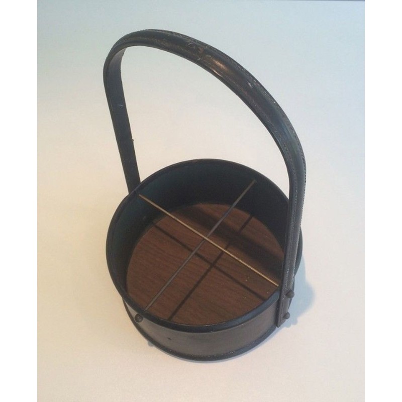 Leather & Wood Bottle Holder, in the Style of Jacques Adnet, French, circa 1950
