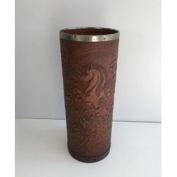 Repoussé Leather Umbrella Stand, Unicorn Motif, French, circa 1940