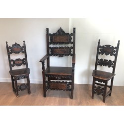 Suite of Italian Renaissance Walnut Armchair and Pair of Chairs, 17th Century