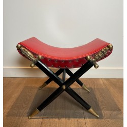 Curule Stool, Crossed Swords in Bronze, Red Leather, Neoclassical, French, circa 1900
