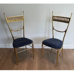 Pair of Neoclassical Brass Chairs, Royal Blue Velvet, Maison Jansen, French, circa 1940