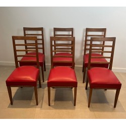 Set of Six Art Déco Oak Dining Chairs, Red Faux Leather, French, circa 1940