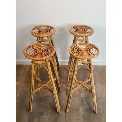 Set of Four Rattan Bar Stools, Mid-Century Modern, French, circa 1970