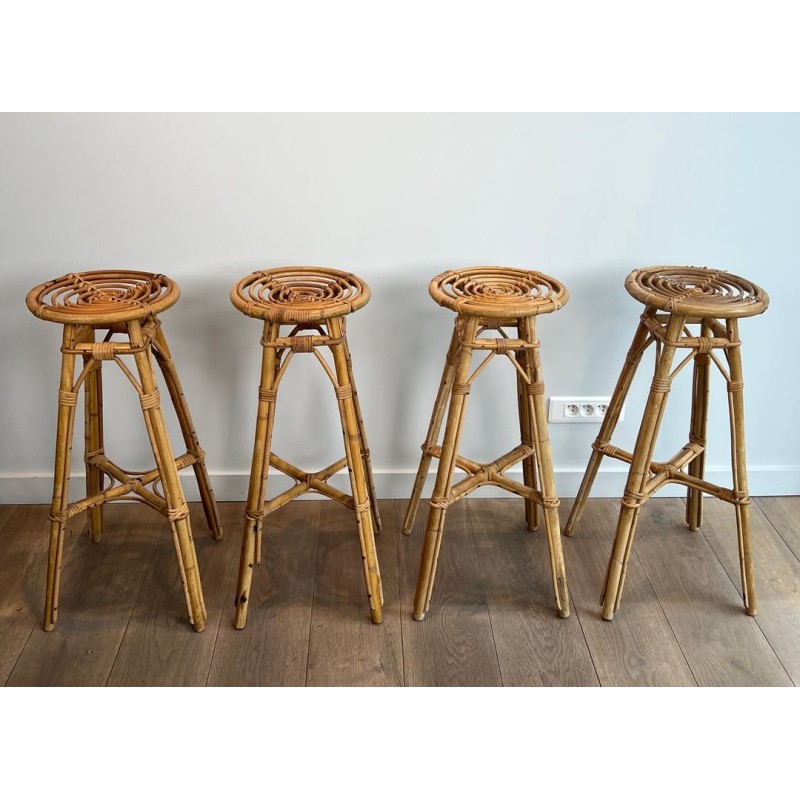 Set of Four Rattan Bar Stools, Mid-Century Modern, French, circa 1970