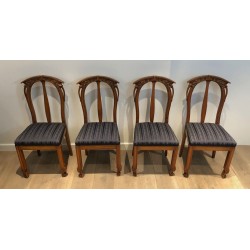 Suite of Four Art Nouveau Cherry Wood Chairs, Carved Floral Motifs, French, circa 1900