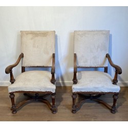 Pair of High-Backed Walnut Armchairs, Louis XIII Style, French, circa 1880