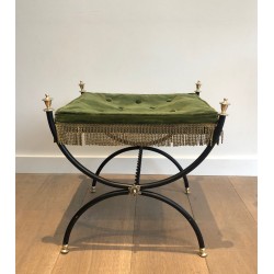 Black-Lacquered Metal and Brass Stool, Neoclassical, Green Velvet, French, circa 1940