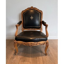 Fauteuil à la Reine in Carved Walnut and Gold-Tooled Leather, Louis XV Style, French, circa 1950