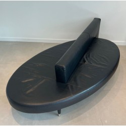 Rare Oval Black Leather Sofa, Mid-Century Modern, Chrome Legs, French, circa 1970